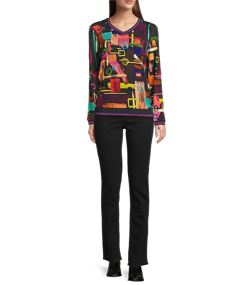 Ali Miles Abstract Multi Stroke Knit V-Neck Long Sleeve Popover Top