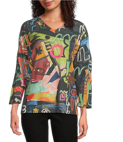 Ali Miles Abstract Multicolored Geometric Print V-Neck 3/4 Sleeve Tunic