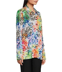 Ali Miles Abstract Print Point Collar 3/4 Roll Sleeve Button Front Tunic