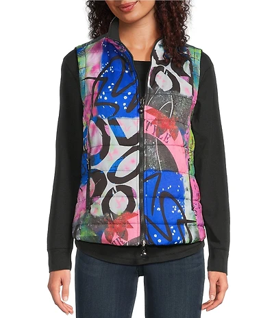 Ali Miles Abstract Print Reversible Mock Neck Sleeveless Zip Front Vest