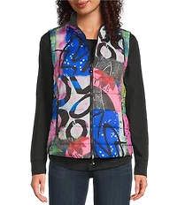 Ali Miles Abstract Print Reversible Mock Neck Sleeveless Zip Front Vest