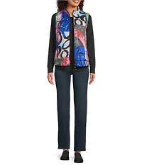 Ali Miles Abstract Print Reversible Mock Neck Sleeveless Zip Front Vest