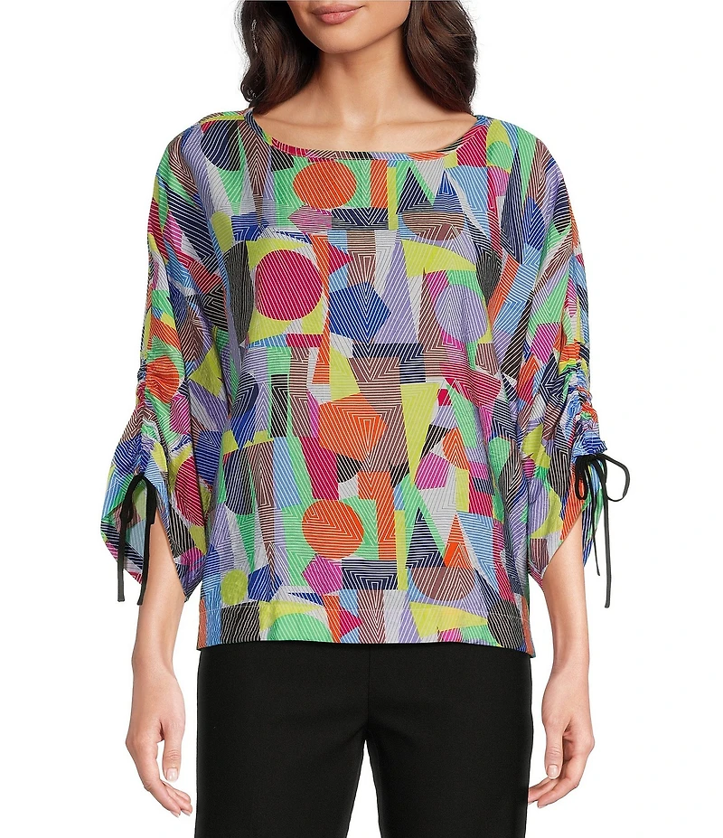 Ali Miles Abstract Print Round Neck 3/4 Dolman Cinch Tie Sleeve Tunic