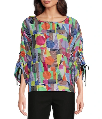 Ali Miles Abstract Print Round Neck 3/4 Dolman Cinch Tie Sleeve Tunic