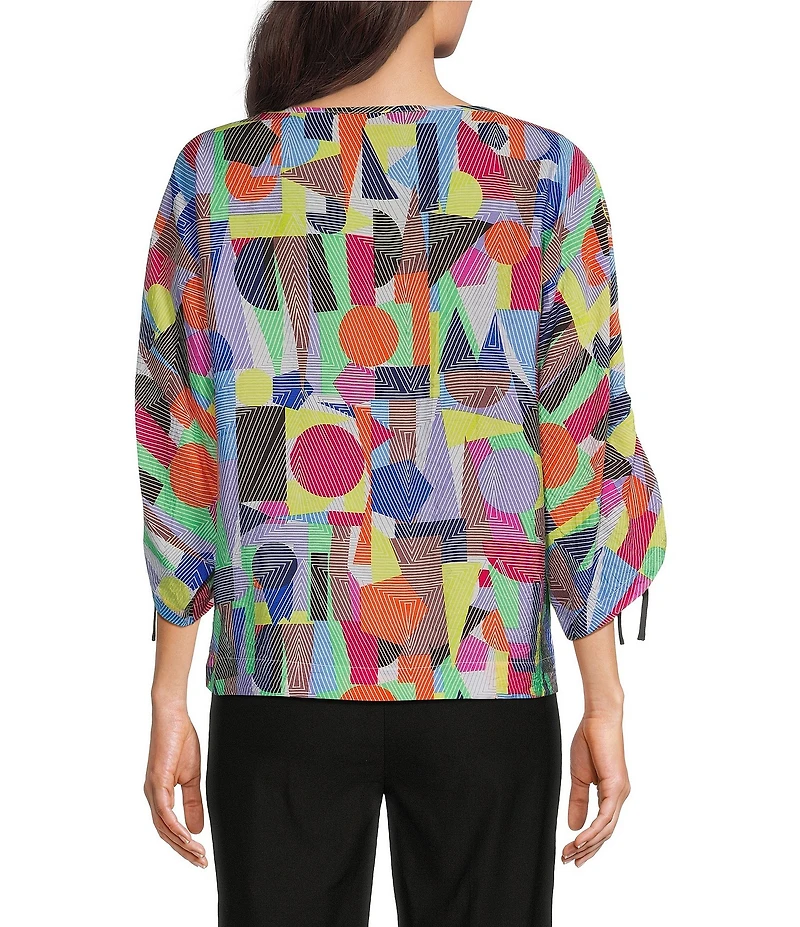 Ali Miles Abstract Print Round Neck 3/4 Dolman Cinch Tie Sleeve Tunic