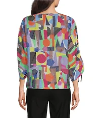 Ali Miles Abstract Print Round Neck 3/4 Dolman Cinch Tie Sleeve Tunic