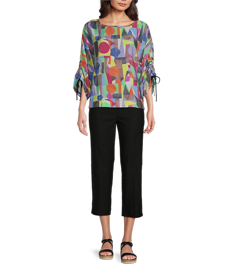 Ali Miles Abstract Print Round Neck 3/4 Dolman Cinch Tie Sleeve Tunic