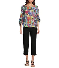 Ali Miles Abstract Print Round Neck 3/4 Dolman Cinch Tie Sleeve Tunic