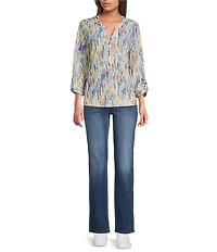 Ali Miles Abstract Print Split V-Neck 3/4 Roll-Tab Sleeve Tunic