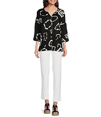 Ali Miles Abstract Print Y-Collar 3/4 Sleeve Button Front Tunic
