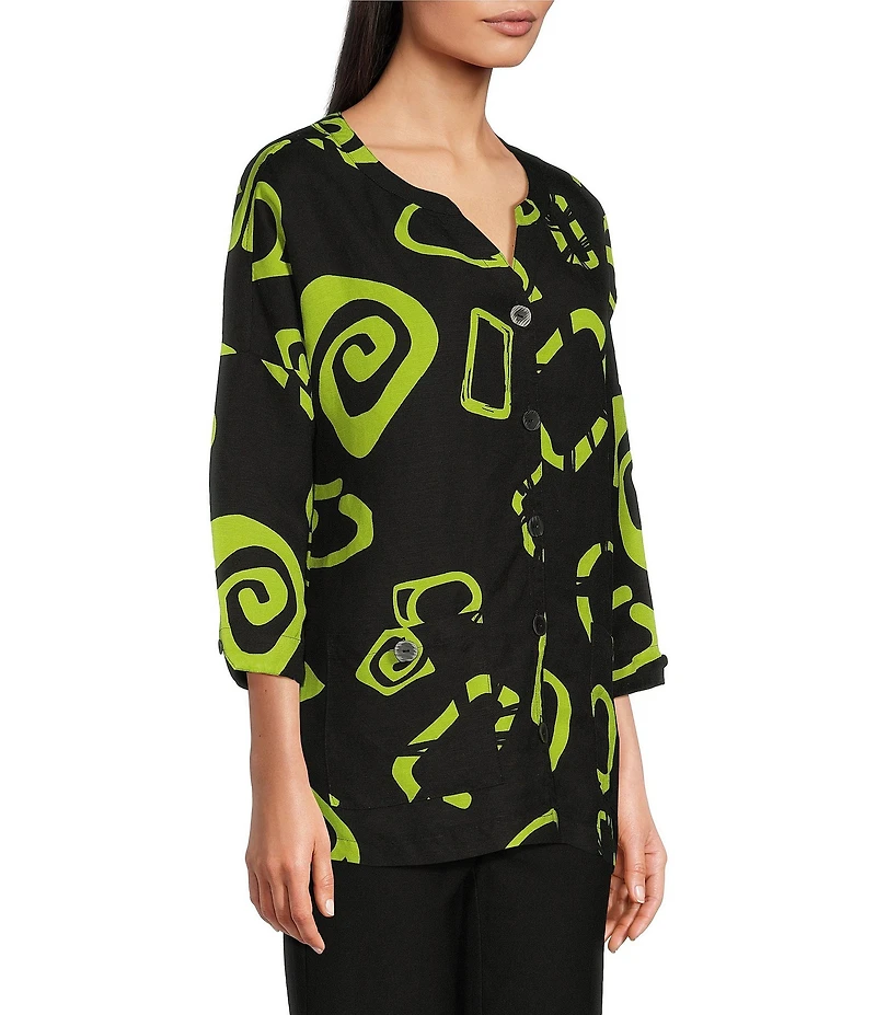 Ali Miles Abstract Print Y-Collar 3/4 Sleeve Button Front Tunic