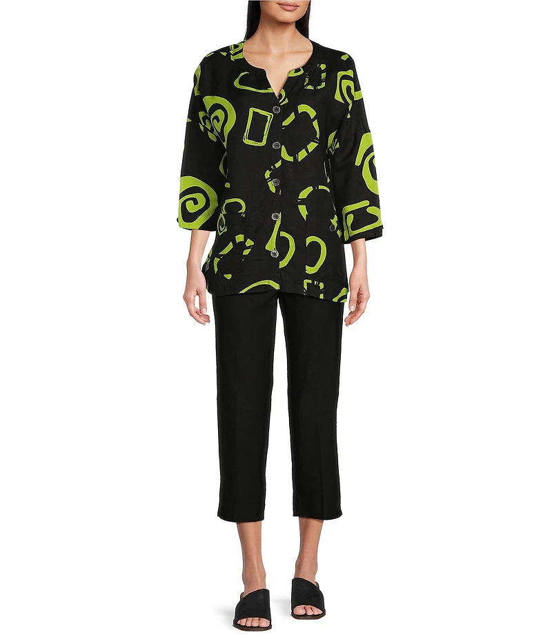 Ali Miles Abstract Print Y-Collar 3/4 Sleeve Button Front Tunic