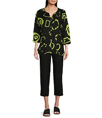Ali Miles Abstract Print Y-Collar 3/4 Sleeve Button Front Tunic