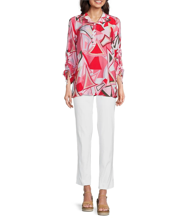 Ali Miles Abstract Print Wire Collar 3/4 Cinch Tie Sleeve Tunic