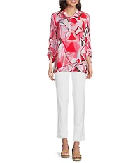 Ali Miles Abstract Print Wire Collar 3/4 Cinch Tie Sleeve Tunic