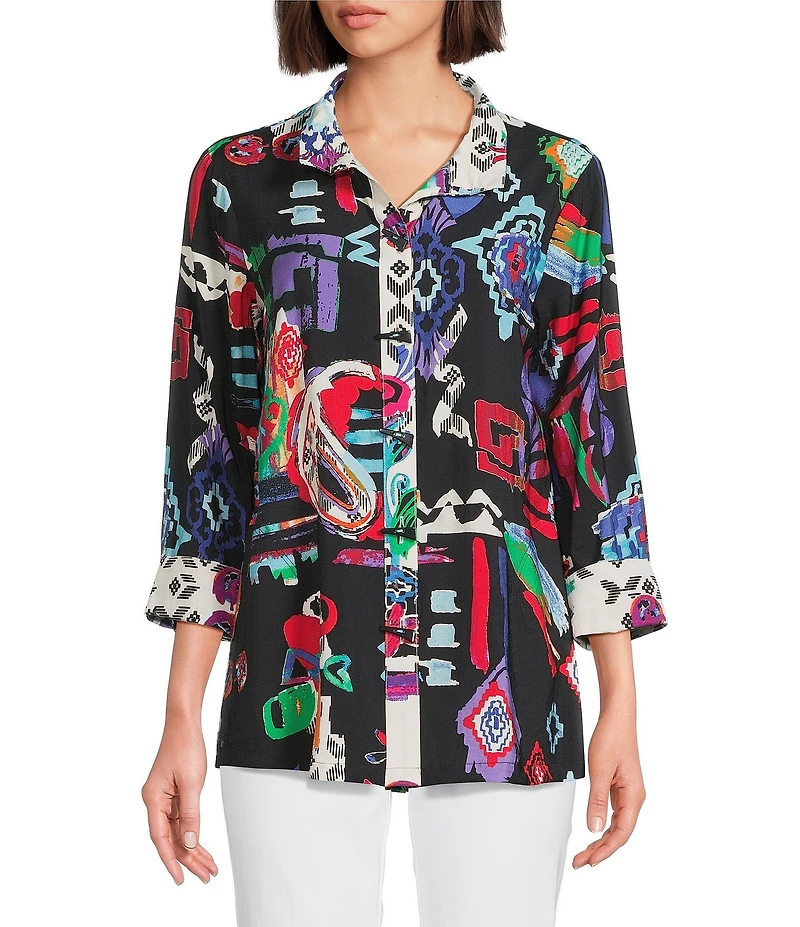 Ali Miles Abstract Printed Woven Wire Collar 3/4 Sleeve Button Front Tunic