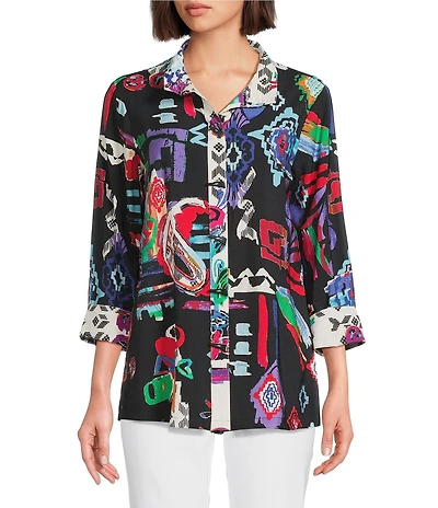 Ali Miles Abstract Printed Woven Wire Collar 3/4 Sleeve Button Front Tunic