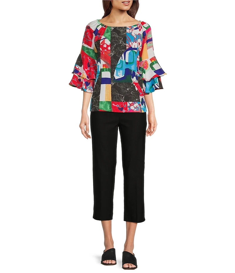 Ali Miles Abstract Round Neck Double Ruffle 3/4 Sleeve Tunic