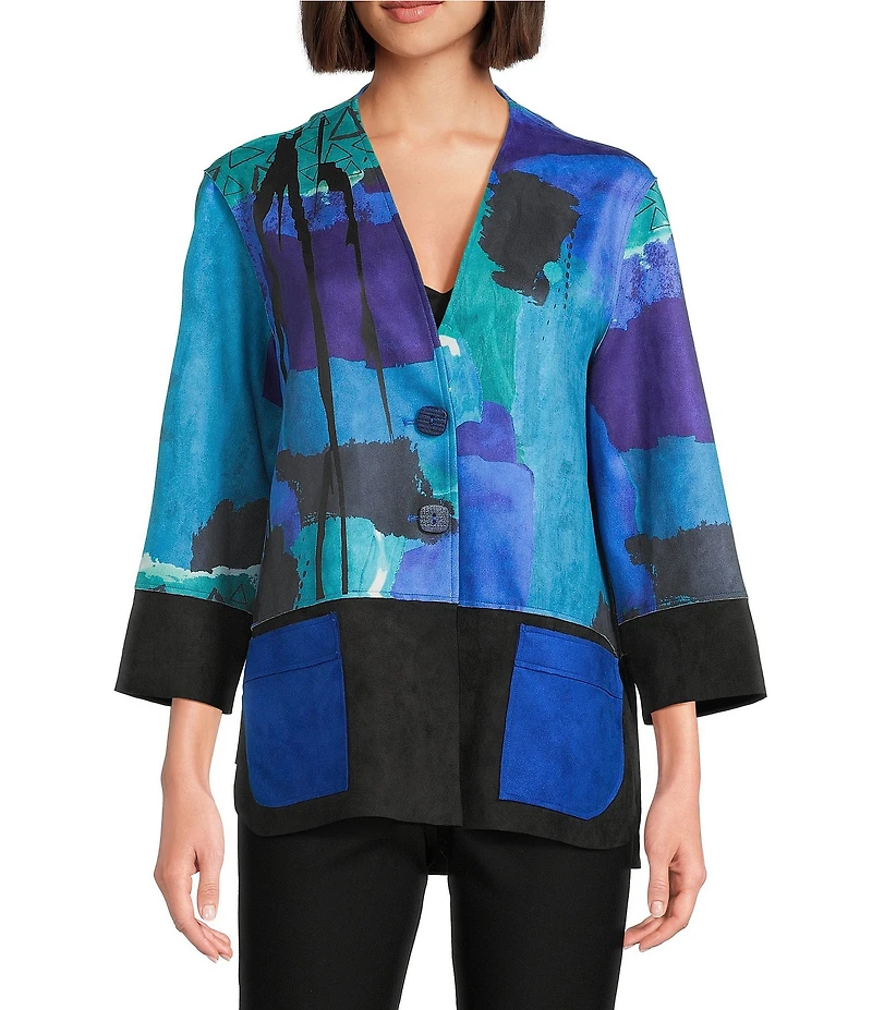 Ali Miles Abstract Stand Collar Long Cuffed Sleeve Button Front Jacket