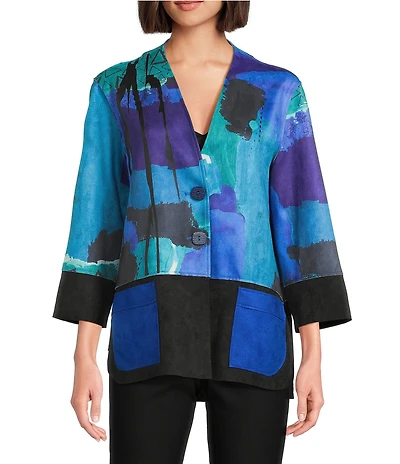 Ali Miles Abstract Stand Collar Long Cuffed Sleeve Button Front Jacket