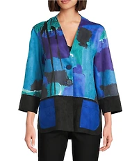 Ali Miles Abstract Stand Collar Long Cuffed Sleeve Button Front Jacket