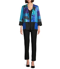 Ali Miles Abstract Stand Collar Long Cuffed Sleeve Button Front Jacket