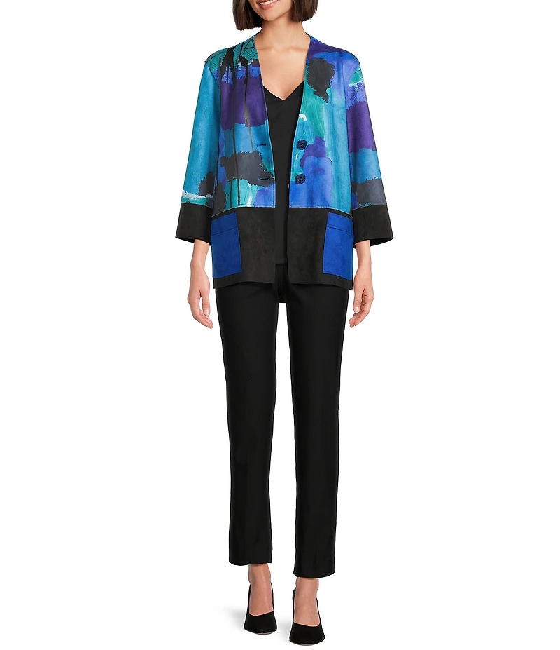 Ali Miles Faux Suede Abstract 3/4 Sleeve Button Front Jacket