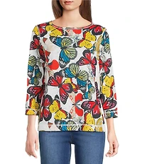 Ali Miles All-Over Butterfly Round Neck 3/4 Sleeve Tunic
