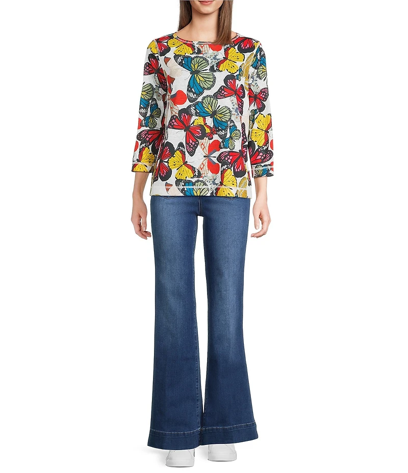 Ali Miles All-Over Butterfly Round Neck 3/4 Sleeve Tunic