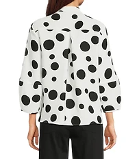 Ali Miles All-Over Dot Print Banded Collar 3/4 Sleeve Hi-Low Hem Button Front Blouse