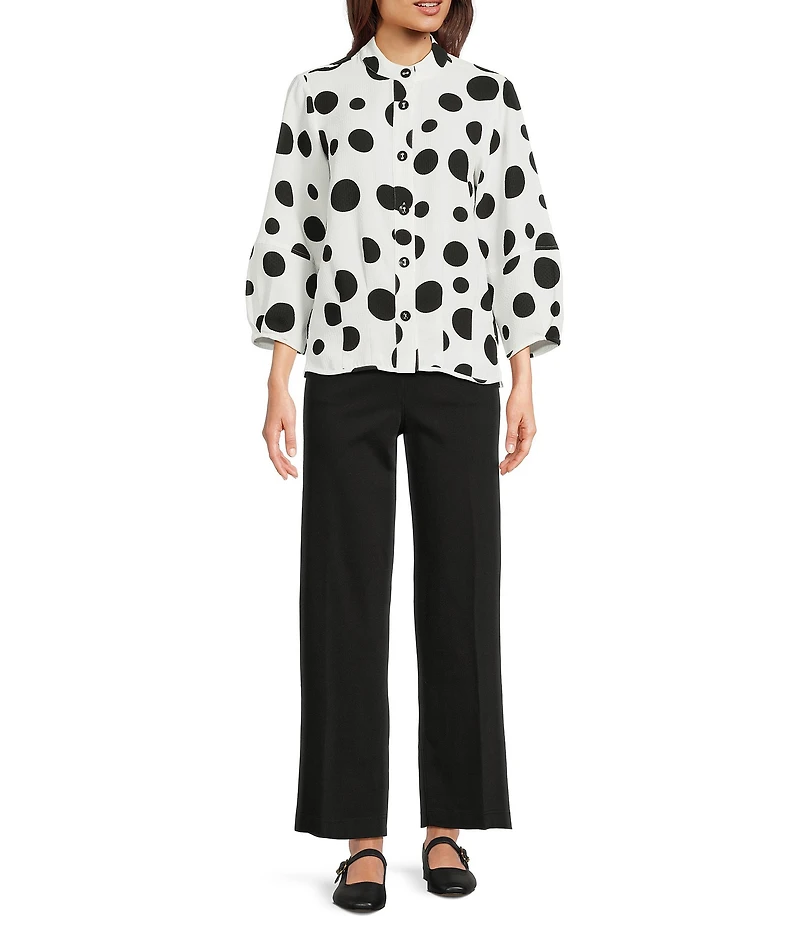 Ali Miles All-Over Dot Print Banded Collar 3/4 Sleeve Hi-Low Hem Button Front Blouse