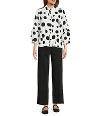 Ali Miles All-Over Dot Print Banded Collar 3/4 Sleeve Hi-Low Hem Button Front Blouse