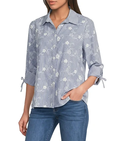 Ali Miles All Over Embroidered Floral Eyelet Point Collar 3/4 Sleeve Button Front Tunic