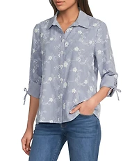 Ali Miles All Over Embroidered Floral Eyelet Point Collar 3/4 Sleeve Button Front Tunic