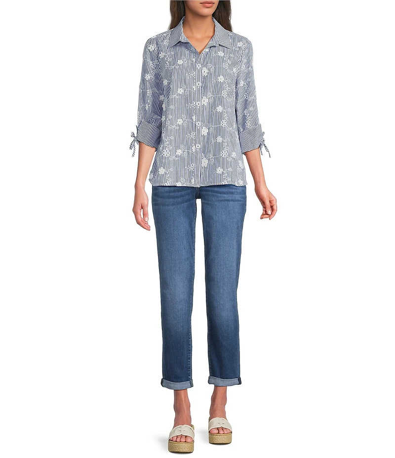 Ali Miles All Over Embroidered Floral Eyelet Point Collar 3/4 Sleeve Button Front Tunic