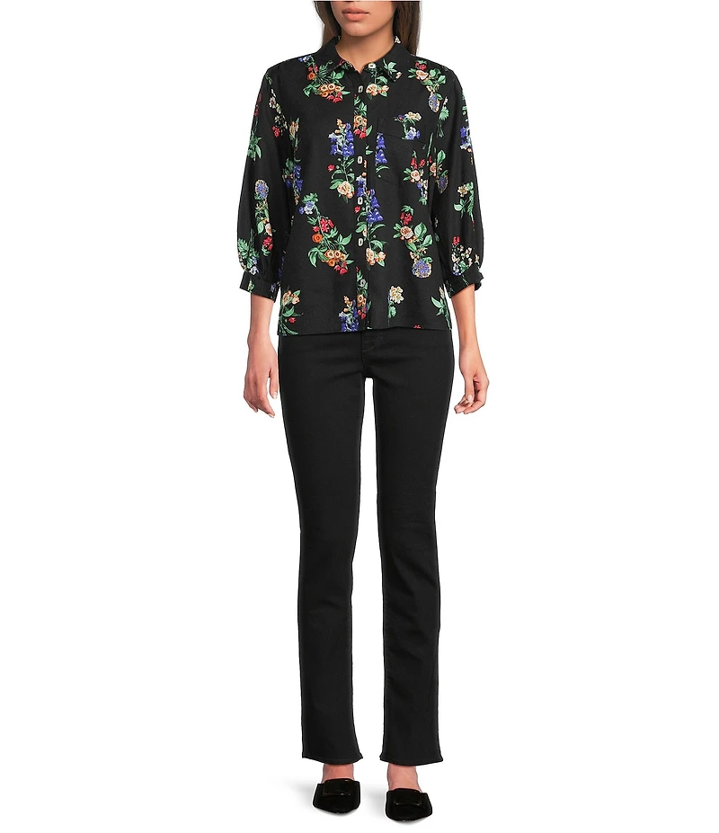 Ali Miles All-Over Floral Multi Print Linen Blend Point Collar Elbow Sleeve Button Front Tunic