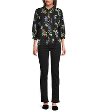 Ali Miles All-Over Floral Multi Print Linen Blend Point Collar Elbow Sleeve Button Front Tunic