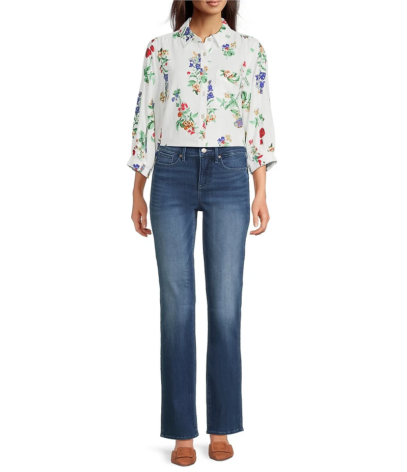 Ali Miles All-Over Floral Multi Print Linen Blend Point Collar Elbow Sleeve Button Front Tunic