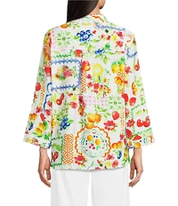 Ali Miles Allover Multi Fruit Print Point Collar 3/4 Roll-Tab Sleeve Button-Front Shirt
