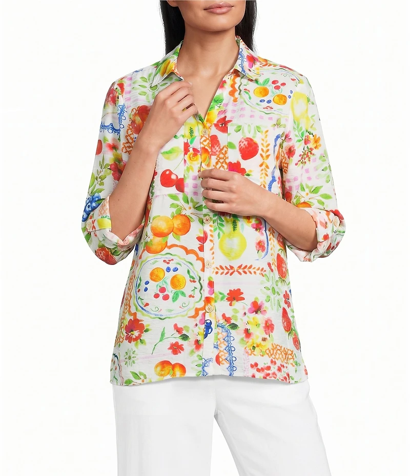 Ali Miles Allover Multi Fruit Print Point Collar 3/4 Roll-Tab Sleeve Button-Front Shirt