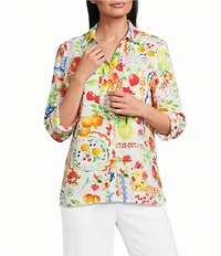 Ali Miles Allover Multi Fruit Print Point Collar 3/4 Roll-Tab Sleeve Button-Front Shirt