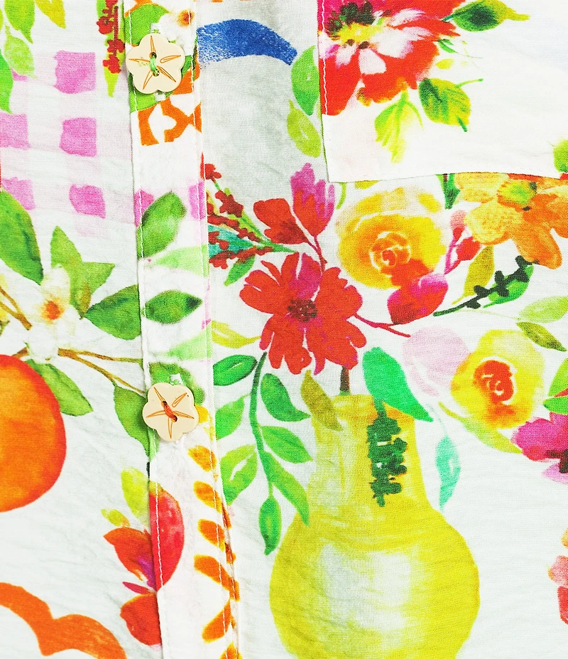 Ali Miles Allover Multi Fruit Print Point Collar 3/4 Roll-Tab Sleeve Button-Front Shirt