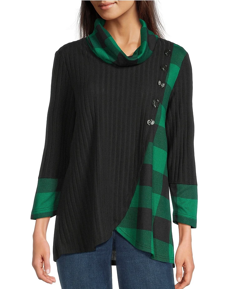 Ali Miles Brushed Buffalo Plaid Textured Knit Cowl Neck 3/4 Sleeve Pullover Tunic