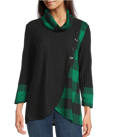 Ali Miles Brushed Buffalo Plaid Textured Knit Cowl Neck 3/4 Sleeve Pullover Tunic