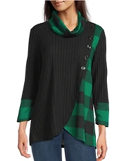 Ali Miles Brushed Buffalo Plaid Textured Knit Cowl Neck 3/4 Sleeve Pullover Tunic