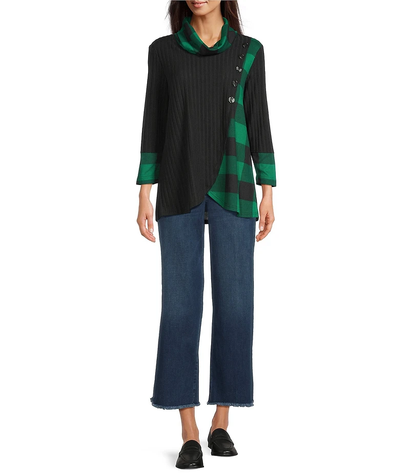 Ali Miles Brushed Buffalo Plaid Textured Knit Cowl Neck 3/4 Sleeve Pullover Tunic