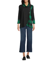 Ali Miles Brushed Buffalo Plaid Textured Knit Cowl Neck 3/4 Sleeve Pullover Tunic