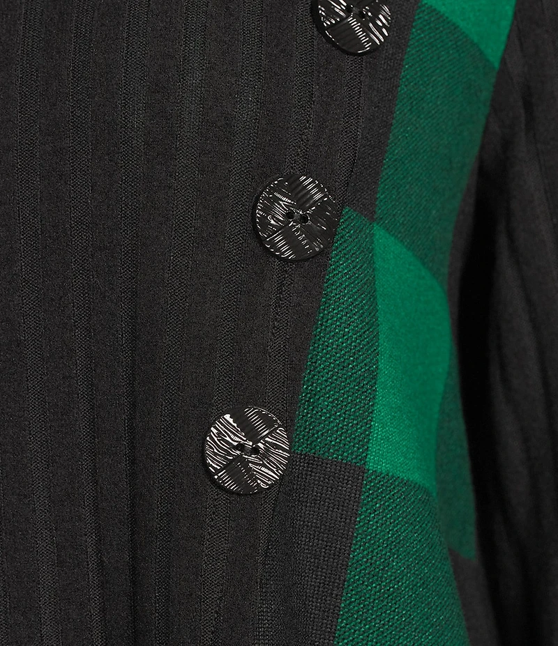 Ali Miles Brushed Buffalo Plaid Textured Knit Cowl Neck 3/4 Sleeve Pullover Tunic