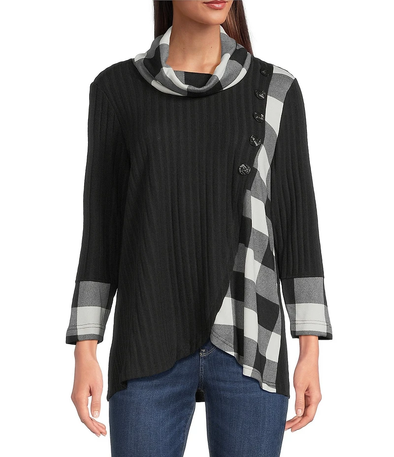 Ali Miles Brushed Buffalo Plaid Textured Knit Cowl Neck 3/4 Sleeve Pullover Tunic
