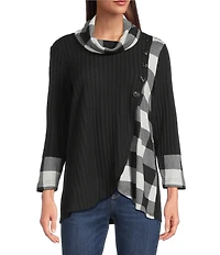Ali Miles Brushed Buffalo Plaid Textured Knit Cowl Neck 3/4 Sleeve Pullover Tunic